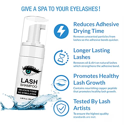 Lash Shampoo for Lash Extensions, Lash Fan with 50ml Eyelash Foam Cleanser and 50 Pcs Eyelash Brush and Rinse Bottle Oil Free/Sulfate Free Eyelash Wash Remover For Eyelash Extension Wash, Black