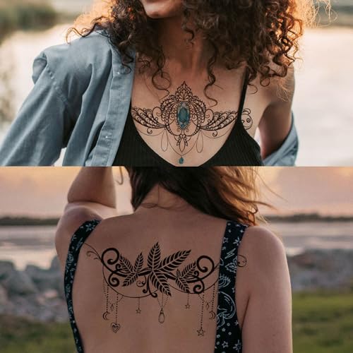 GLARYYEARS Underboob Chest Temporary Tattoos for Women Girls, 6-pack Black Fake Realistic Large Long Lasting Creative Removable Tattoo Stickers, Sexy Floral Leaf Jewelry Tramp Stamp Sketch on Body