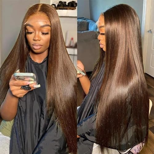 Wonder Girl 28 Inch Chocolate Brown Lace Front Wig Human Hair Pre Plucked, 13x6 Straight Frontal Wigs Human Hair Hd Lace, Glueless Lace Front Wigs Human Hair Colored With Baby Hair
