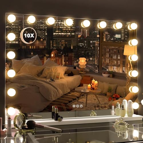 Misavanity Vanity Mirror with RGB Backlight 32¡¯¡¯x23¡¯¡¯ LED Makeup Mirror with 18 Dimmble 3 Color Modes Bulbs Light up Mirror with 10X Magnification and Smart Touch, White