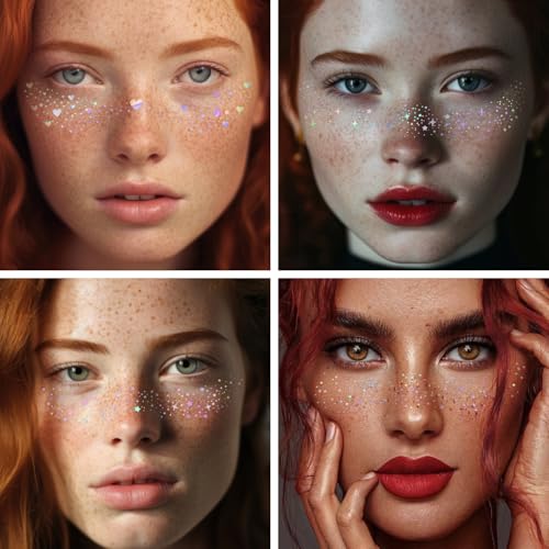 8PCS Glitter Freckles, Glitter Freckles Face Tattoo, Sparkle Freckles for Women and Kids, Cute Star Waterproof Gold Temporary Face Tattoos Glitter Glow Up Patches (8PCSA Holographic Multicolor)