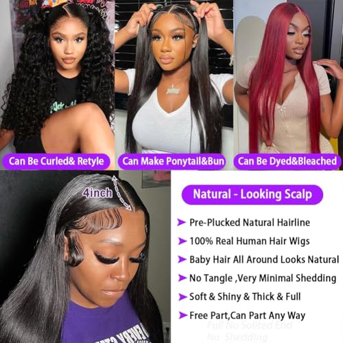 Straight Lace Front Wigs Human Hair Pre Plucked 13x4 HD Transparent Lace Frontal Wig for Black Women Glueless Brazilian Virgin Hair 180% Density with Baby Hair Hairline
