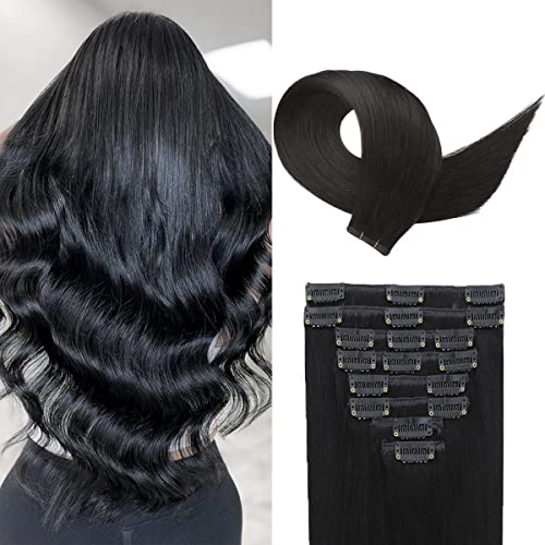 Clip in Hair Extensions Real Human Hair Jet Black for Women Invisible Natural Straight Seamless Clip in Hair Extensions Human Hair 8pcs Double Weft 2.8oz/70g (#1 Jet Black, 20 Inch)