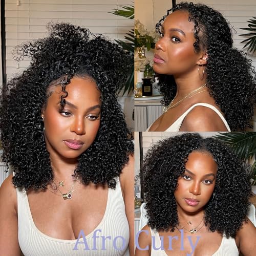 OQ Hair V Part Wig Human Hair Afro Curly Upgrade U Part With Adjustable Drawstring 180% Density V Shape Clip In Half Wig For Women Natural Color 20 Inch