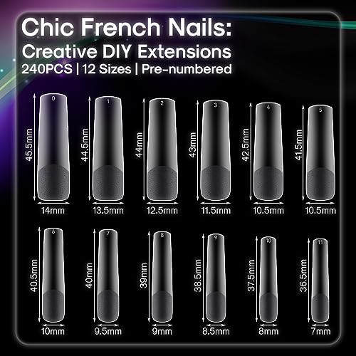 Flattened No C Curve, XXL Square Nail Tips, Full Matte Clear Half Cover Tapered Square Straight Flat Tips for Acrylic Nails Salons Home DIY Extensions(12 Sizes 240PCS)