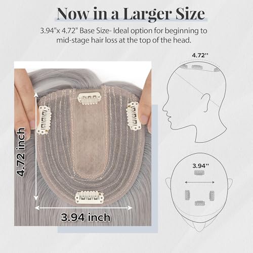 Human Hair Topper for Women with Thinning Hair, 4 Clips, Silk Base 3.94x4.72, No Front Bangs, 14 Inches Lengths, Grey Color, Achieve a Fuller, More Youthful Appearance