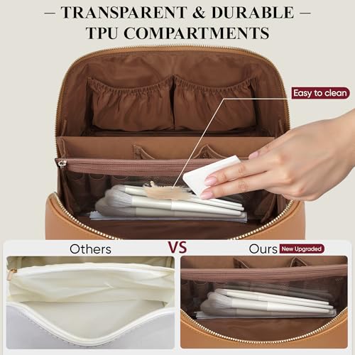 Travel Makeup Bag, Large Capacity Cosmetic Bags for Women, Waterproof Portable Pouch Open Flat Make up Organizer Bag with Dividers and Handle, Toiletry Bag for Essentials