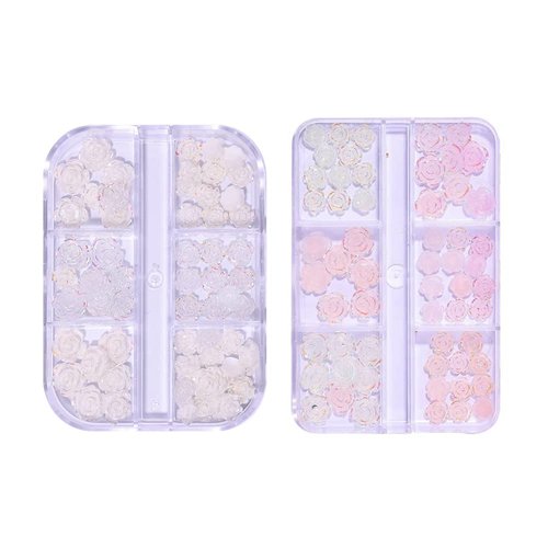 2 Boxes 3D Flower Nail Charms for Acrylic Nails, 12 Grids 3D Nail Art Flowers, Light Change Spring Summer Acrylic Flowers for Nails with Pearls Manicure DIY Nail Decorations (Camellia)