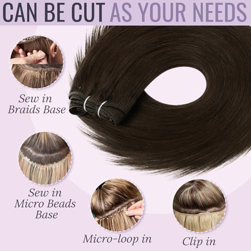 Fshine Hand Tied Weft Hair Extensions Real Human Hair 24 inch Dark Brown Double Weft Full Head Sew in Extensions Weave Bundles for Women
