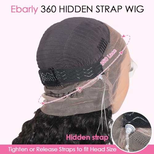 Hidden Strap Water Wave 360 Wigs Human Hair Pre Plucked 180 Density Drawstring Wig Human Hair Wet and Wavy HD Full Lace Frontal with Baby Hair (18 inch)