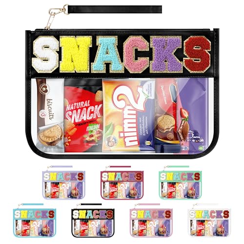 Snack Bag for Travel & Makeup - Clear Chenille Letter Zipper Pouch, Waterproof Cosmetic Tote Bag for Women & Girls (Black)