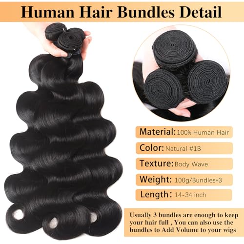 Body Wave Bundles Human Hair 22 24 26 Inch 12A Human Hair Bundles 100% Unprocessed Brazilian Virgin Hair Quick Weave 3 Bundles Deals Human Hair Extensions Natural Black
