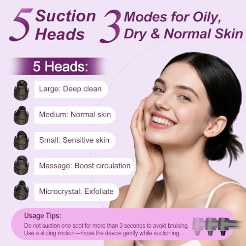 Blackhead Vacuum Removers, Pore Suction Cleaner with Heating, 3 Adjustable Suction Levels & 9 Modes, Comedone Extractor Kit with 5 Heads for Nose & Electric Face Deep Pore Cleansing