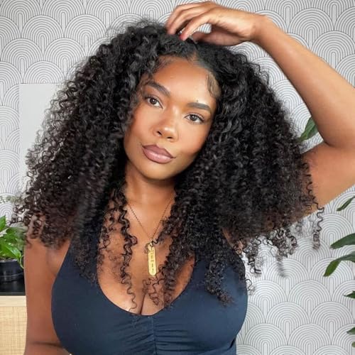 Kinky Curly V Part Wig Human Hair Glueless Clip In 100% Real Human Hair Curly V part Wigs No Glue No Sew In Upgrade U Part Wig For Beginners Friendly 200 Density 24 Inch