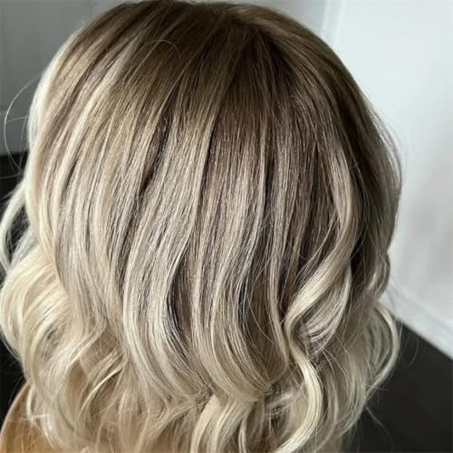 Short Bob Ash Blonde Lace Frontal Wig Human Hair Brown Highlight 13x4 Water Wave HD Transparent Lace Front Human Hair Wigs For Women 180% Density Brazilian Hair Blonde Highlight Wigs 12Inch