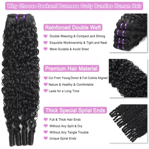 Seekomi Human Hair Burmese Curly Bundles 16 18 20 22 Inch 100% Virgin Water Curly 4 Bundles Human Hair with Spiral Ends Double Weft Quick Weave for Women, Natural Black Color, 400g