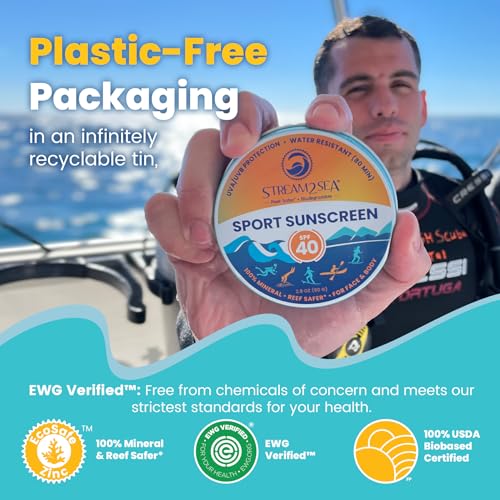 STREAM2SEA SPF40 Unscented Reef Safe Mineral Sport Sunscreen in Tin with 20% EcoSafe Zinc for Face & Body, Natural Organic Biodegradable Non Toxic Coral Reef Safe Sunscreen, Travel Size, Mineral Based