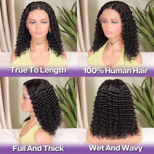 Deep Wave BOB Wig Human Hair 13x4 HD Curly BOB Lace Front Wigs Human Hair Pre Plucked Wear And Go Glueless Short Curly Frontal BOB Wigs For Black Women Wet And Wavy 14 Inch