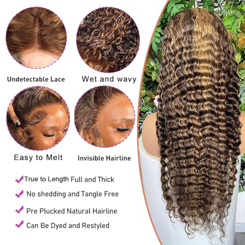 28 Inch 13x6 Highlight Ombre Deep Wave HD Lace Front Wigs Human Hair Pre Plucked 200% Density 4/27 Honey Blonde Glueless Curly Human Hair Wig for Women