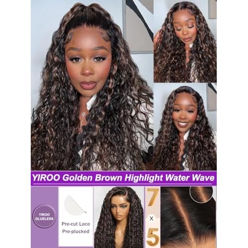 YIROO Golden Brown Highlight 7X5 Bye Bye Knots Water Wave Lace Closure Wig Human Hair Glueless Pre Cut Pre Plucked Invisible Knots Lace Front Wigs Ready to Go Wet and Wavy Wigs 150% Density 22Inch