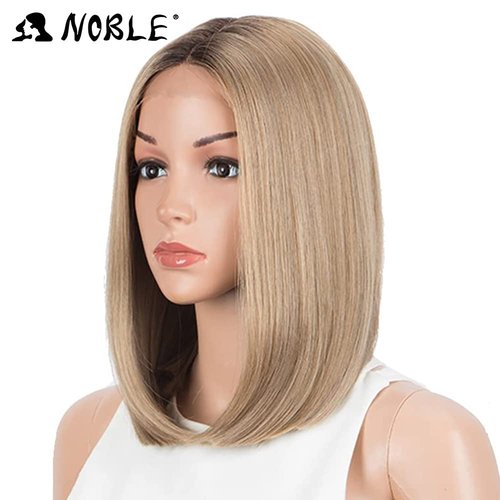 NOBLE Honey Blonde Lace Front Bob Wigs for Women T Part HD Lace Front Wigs with Brown Roots Synthetic Long Bob Wigs for Party and Daily Use (Ombre Brown Blonde with Dark Root Color)