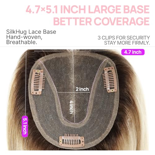Hair Toppers for Women Real Human Hair No Bangs 4.7 * 5.1 Inch Base 14 Inch Human Hair Topper for Women with ThinningHair Cover Gray Roots (#Ash Blonde Highlights Lowlights Tan)