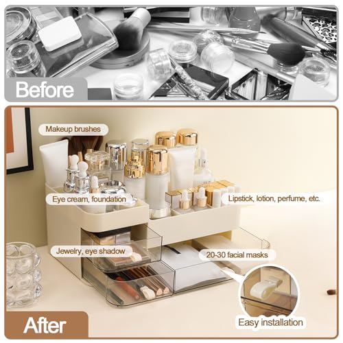 DASITON Makeup Organizer with 3 Drawers,Skincare and Cosmetics Organizer Countertop,Makeup Organizers and Storage with Brush Holder,Large Cosmetic Display Case for Vanity,Desk,Bathroom,Bedroom(Cream)