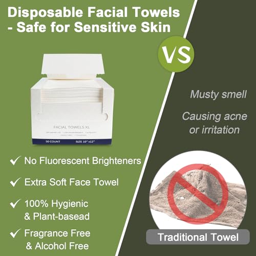 Disposable Face Towels, 50 Count Ultra Soft Biodegradable Facial Cleansing Cloths, Lint-Free Makeup Remover Cloth in Paper Box
