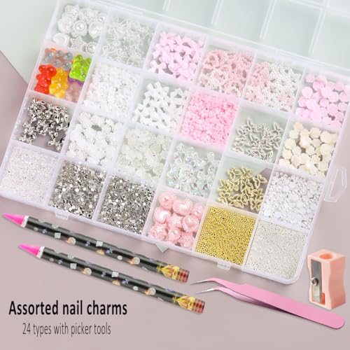 3D Nail Charms Bulk - Mix Assorted Colorful Nail Art Charms with Flowers, Hearts, Pearls, Butterflies, Bows & Crystals - Includes Pickup Tool