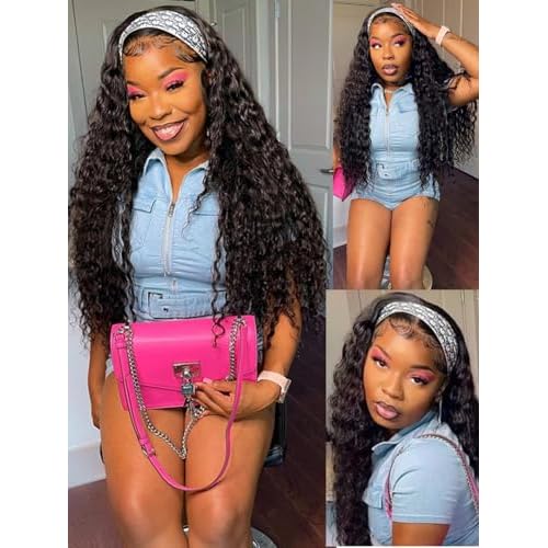 28inch Water Wave Headband Wig Human Hair Curly Drawstring Headband Wigs Human Hair Wear and Go Glueless Wigs for Black Women 220 Density None Lace Front Wigs Natural Color