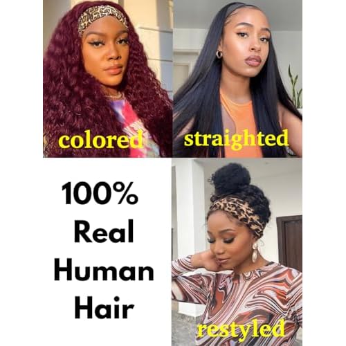 28inch Water Wave Headband Wig Human Hair Curly Drawstring Headband Wigs Human Hair Wear and Go Glueless Wigs for Black Women 220 Density None Lace Front Wigs Natural Color