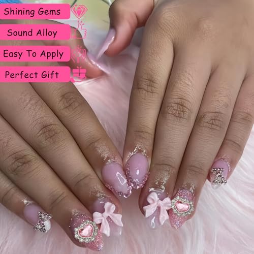 52PCS Pink and Silver Metal 3D Nail Charms Bulk, Bow, Heart, Cherry, Cross and Star Charms for Nails-Shiny Nail Rhinestones for Nail Art, Manicure, DIY Jewelry Making