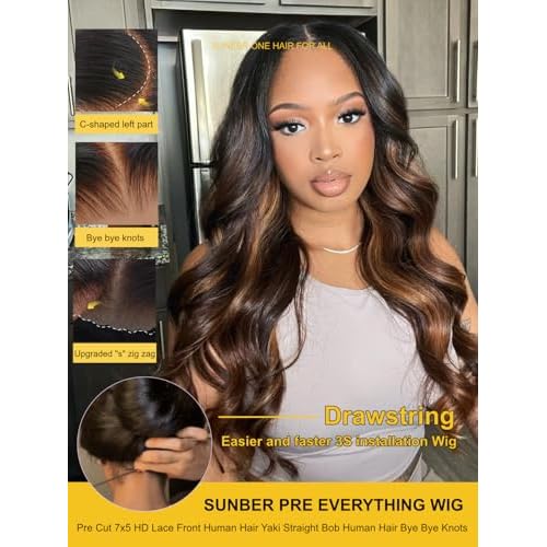 Sunber Ombre Highlight Brown Body Wave Human Hair Glueless Balayage Wigs Pre Cut 7x5 HD Lace Front with Elastic Drawstring 150% Density Put On and Go Pre Plucked Pre Bleached Invisible Knots 18Inch
