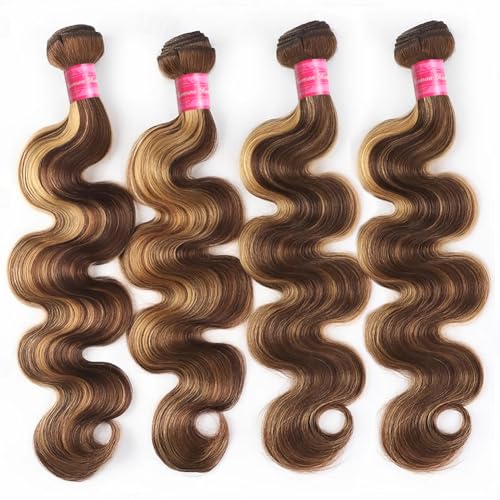 Aopusi Highlight Human Hair Bundles 4/27 Body Wave Bundles 100% Unprocessed Brazilian Virgin Hair Ombre Blonde Bundles Human Hair Body Wave Bundles Hair Weave for Black Women(18 20 22 24 Inch)