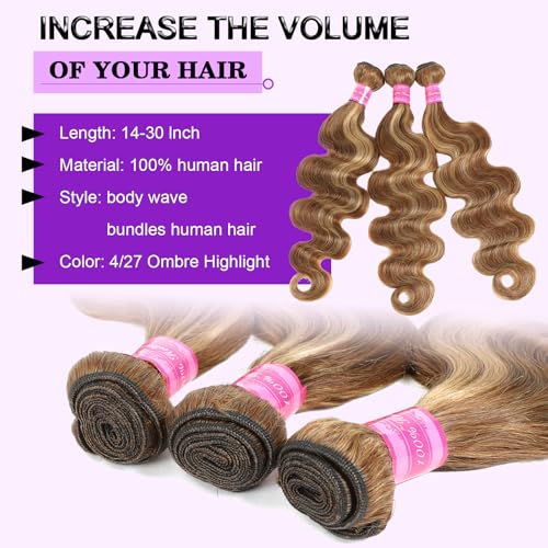 Vallbest Ombre Human Hair Bundles with Closure 20 22 24 +18 Inch Highlight Blonde Bundles Human Hair 4/27 Brown Body Wave with 4x4 Closure 12A Brazilian Virgin Remy Weave Raw Hair Extensions