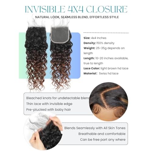 Ombre Human Hair Bundles with Closure 4x4 Water Wave, #T1B/2/30 Chestnut Ombre Brown Wet and Wavy Curly Remy Hair 3 Bundles and 4x4 HD Lace Closure Free Part 14/16/18+14 Inch Dark Roots Weave