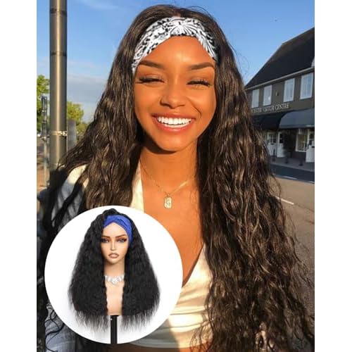 Headband Wig Human Hair Super Wave 24 inch None Lace Front Wig Human Hair Machine Made Wigs Glueless Water Wave Hair Headband Wigs for Black Women Human Hair Natural Color