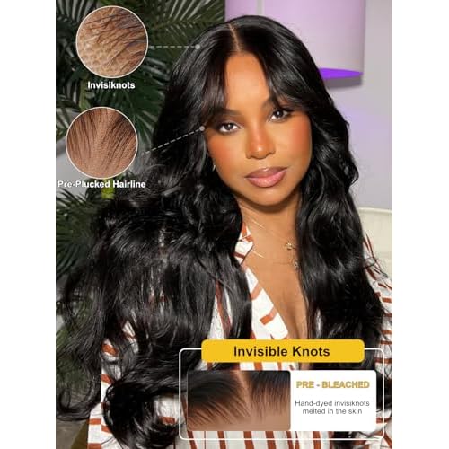 Sunber Put On and Go Glueless Wigs Pre Plucked Pre Bleached Human Hair Loose Wace With Curtain Bangs Bye Bye Knots Pre Cut Lace 13X4 HD Lace Front Wig 16Inch