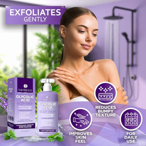 Glycolic Acid Body Wash - Exfoliating AHA Liquid Soap for Rough and Bumpy Skin - Gentle Exfoliant - Bump and Lump Eraser Formula - 16 Fl Oz