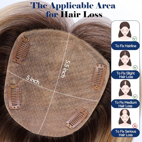 HAIRCUBE 12 inch Hair Toppers for Women 5"*5.5" Large Base Light Brown with Blonde Highlight Real Human Hair Topper With Bangs HairToppers for Women with ThinningHair Cover Gray Roots Add Volume