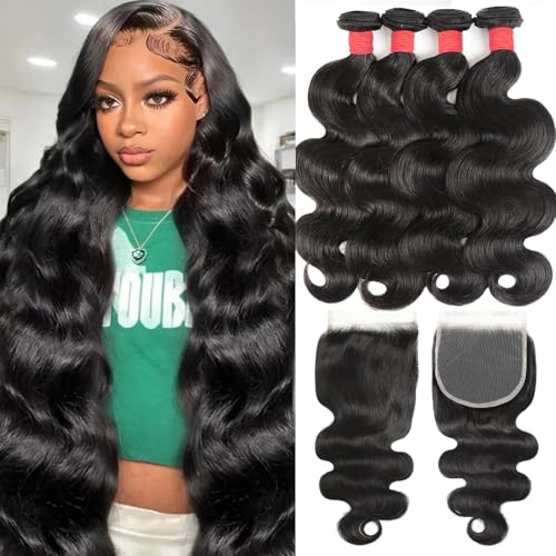 Bundles with Closure Human Hair Body Wave (20 22 22 24+20) 4 Bundles with Closure 5x5 HD Closure with Bundles Human Hair 12A Unprocessed Virgin Hair