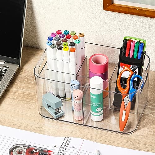 5-Compartment Clear Plastic Bin - Divided Art Supplies, Cosmetic Makeup Caddy Organizer - Multiuse Storage Container for Vanity, Bathroom, Kitchen, Office, Craft, Shower, Cleaning Items, (1 Pack)