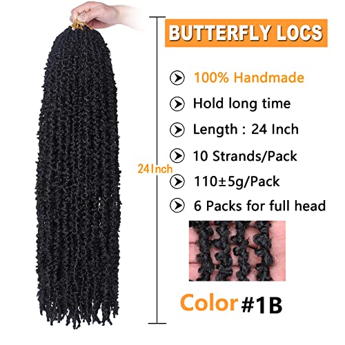 ZRQ 6 Packs Butterfly Locs Crochet Hair 24 Inch Black Distressed Locs Crochet Braids Pre-looped Synthetic Goddess Soft Locs Hair Extensions For Women 1B#