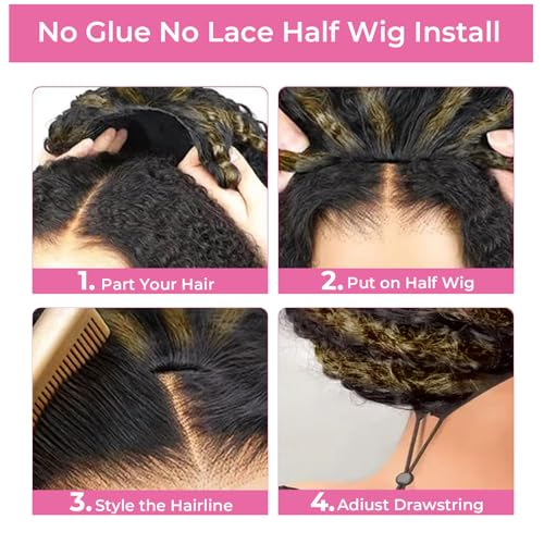 250% Density Kinky Curly Half Wig Human Hair Update 3 In 1 Seamless Flip Over Wigs Human Hair Wear and Go Glueless Wig Beginner Friendly Drawstring Wig for Black Women 20 Inch