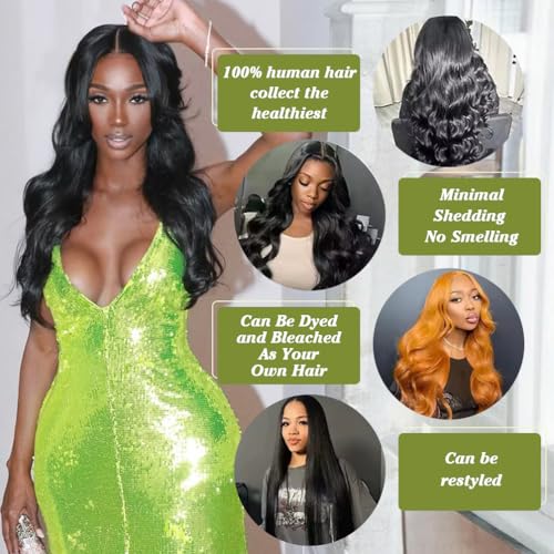 Bundles with Frontal (16 18 20+16, Natural Black) Brazilian Body Wave Human Hair Weaves Bundles with 13 * 4 Lace Front 100% Unprocessed Human Hair Ear To Ear Lace Frontal with Pre-Plucked Baby Hair