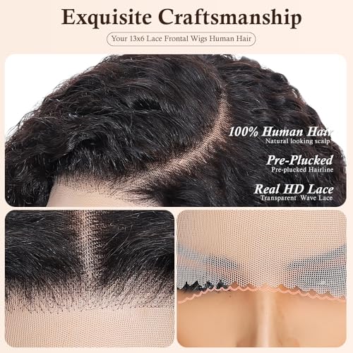 Curly Wig Human Hair 13x6 HD Lace Frontal Wigs 250 Density With Drawstring Deep Wave Lace Front Wigs Human Hair Pre Plucked Virgin Remy Hair 5x Longer Lifespan Natural Black for Women 18 Inch
