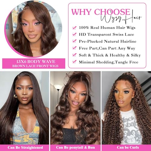 30 Inch Chocolate Brown Lace Front Wig Body Wave Brown Wig Human Hair Pre Plucked for Women 13x6 Brown Glueless Human Hair Wig