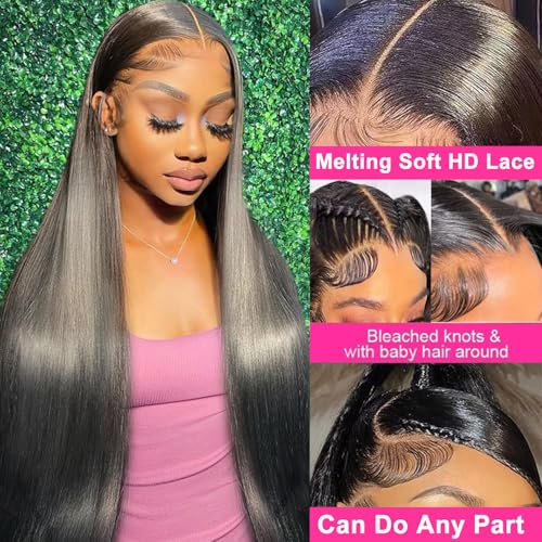 28 Inch 13x6 Lace Front Wigs Human Hair Pre Plucked HD Straight Lace Front Wigs Human Hair 180% Density Frontal Wig Human Hair Natural Black Natural Black