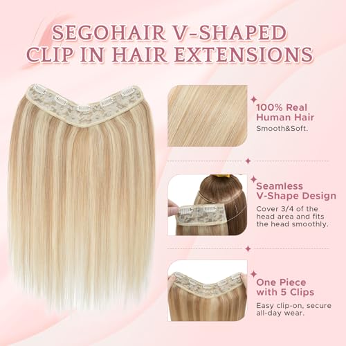One Piece Clip in Hair Extensions 100% Real Human Hair 3/4 Full Head Hair with Upgraded V-Shaped Weft 5 Clips in Hair Extensions for Women, £¨22 Inch, #18P613 Ash Blonde Mixed Bleach Blonde£©