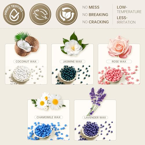 Lifestance Wax Beads Set, 5 Kinds of Waxing Beads, Hard Wax Beans with 57 Items Silicone Spatulas, Perfect for Any Waxing Warmers, Wax Beads for Hair Removal for Bikini Underarm Face Body